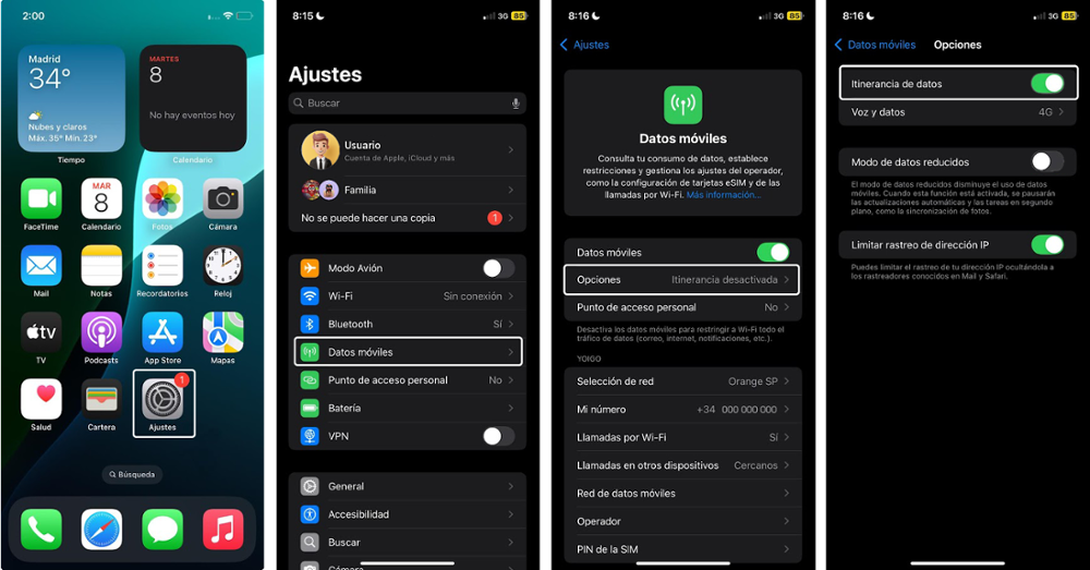 Pasos para activar el roaming en dispositivos iPhone