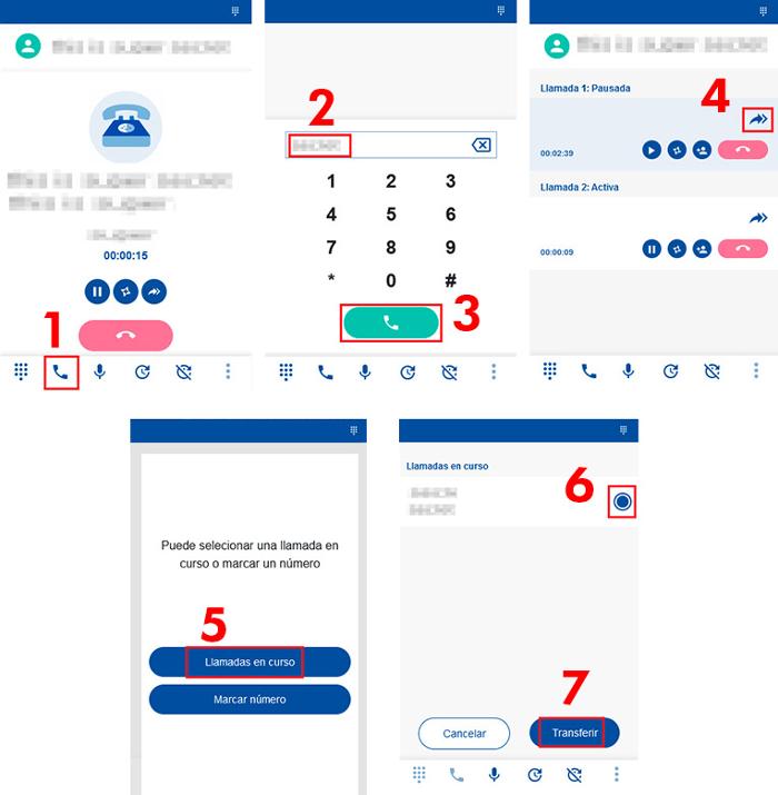 Imágenes del interface de webphone durante el proceso de transferencia asistida de llamada en curso