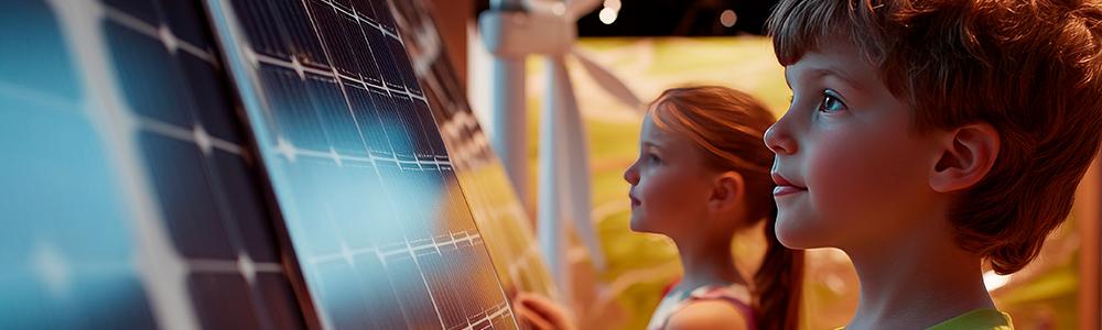 Niños viendo células fotovoltaicas.