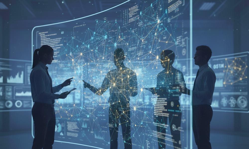 Cuatro personas observan y comentan datos y conexiones digitales proyectados en una gran pantalla transparente, en un entorno tecnológico y de análisis científico