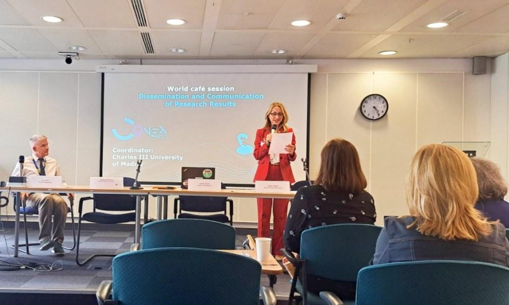 Image of the event, with Marcela Groholova, deputy head of unit of the European Research Executive Agency (REA), who accompanied the UC3M team during the event. 