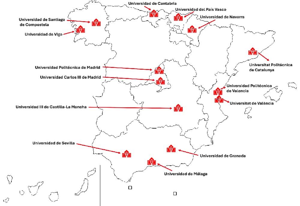 Mapa de España localizando las universidades que participan