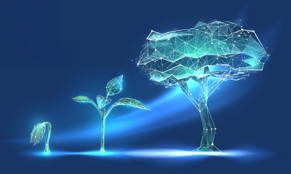 Una semilla, un brote y un arbol formados por nodos digitales sobre un fondo azul. Semana de la Ciencia 2025 UC3M.