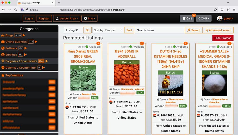 Captura de pantalla de un mercado alojado en la red Tor, en la que se aprecian anuncios de venta de drogas.