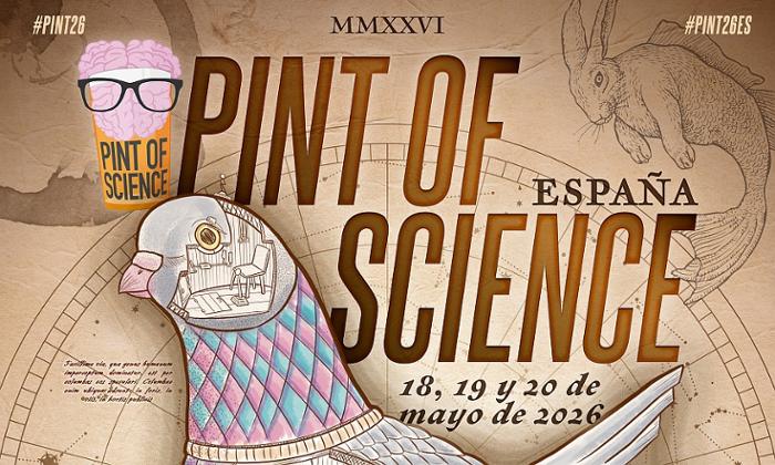 Imagen extraida del cartel de Pint of Science España 2026, en el que se aprecia una palomay el nombre y fechas del evento