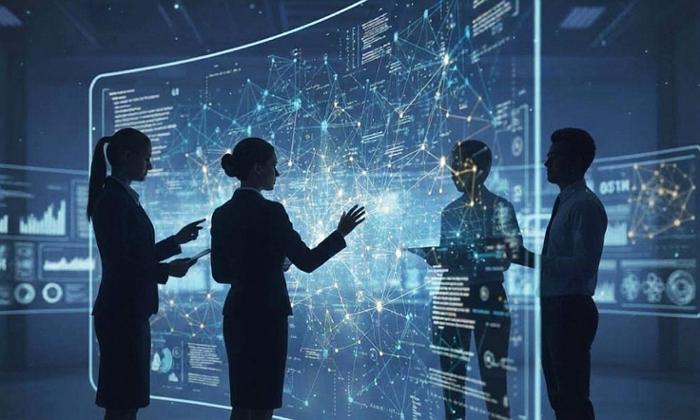 Imagen en la que se aprecia a dos mujeres y dos hombres frente a una panel virtual de datos 