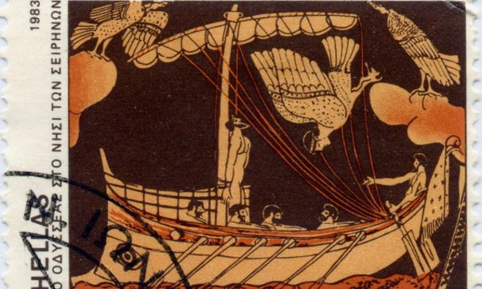 Sello en griego que muestra un grabado de vasija con Ulises atado al mástil para hacer frente al canto de las sirenas
