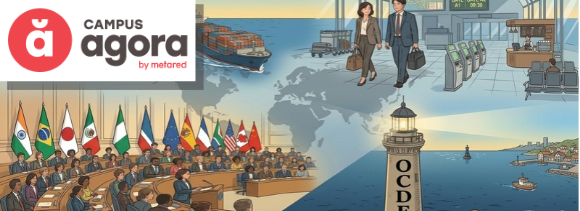 Imagen tipo ilustración con diferentes conceptos: un barco mercante, un faro con las siglas  OCDE, dos profesionales (hombre y mujer) caminando con cartera en la mano y una reunión de naciones unidas