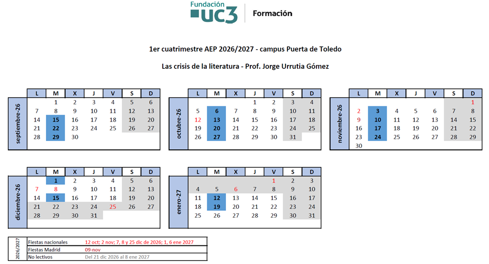 Martes, del 15 de septiembre de 2026 al 19 de enero de 2027